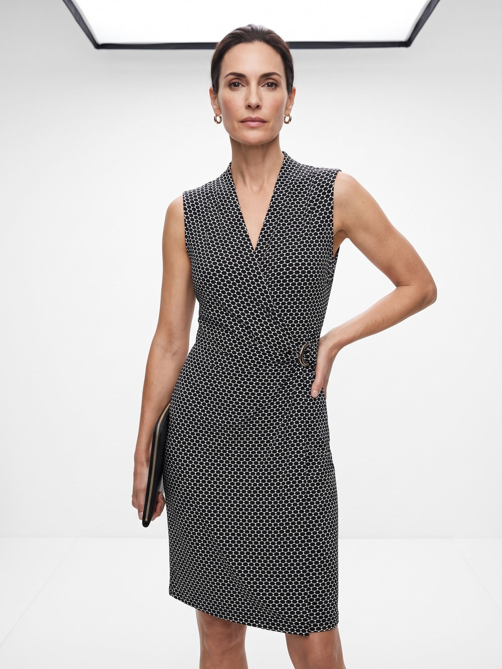 Ann Taylor Geo Sleeveless Wrap Dress Geometric Print Matte Jersey Black White